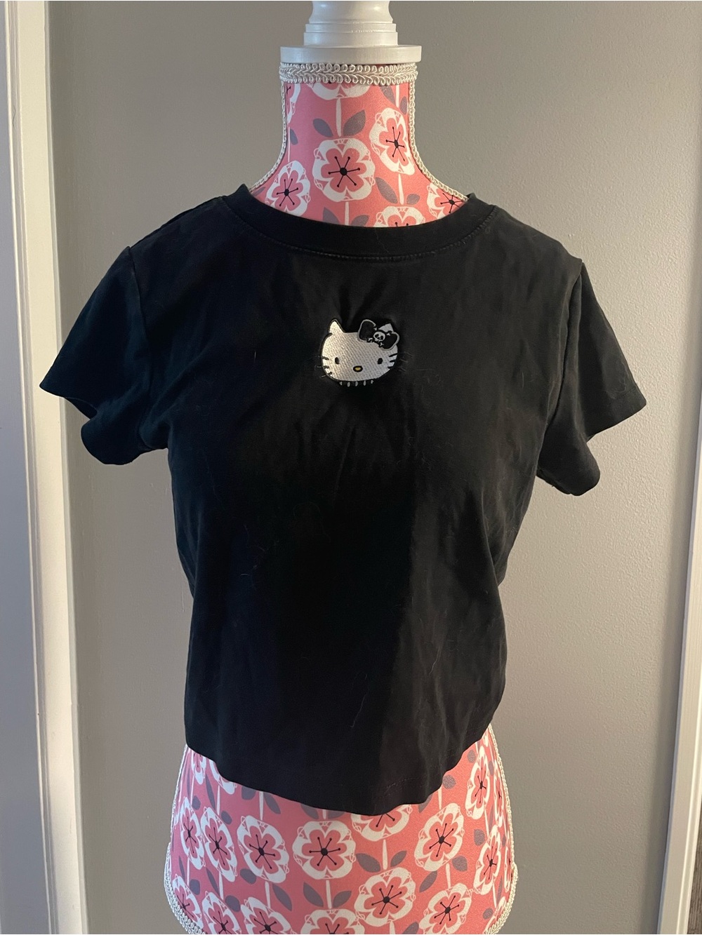 Hello Kitty Black Tee with Silver Embroidered Face
